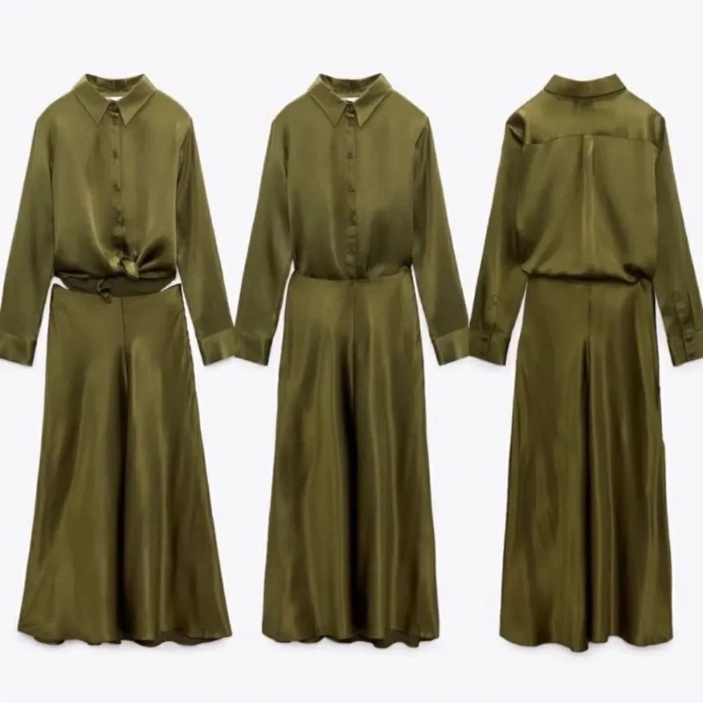 ZARA SATIN EFFECT VERSATILE A-LINE OLIVE GREEN MAXI DRESS(SIZE SMALL) - Picture 3 of 6